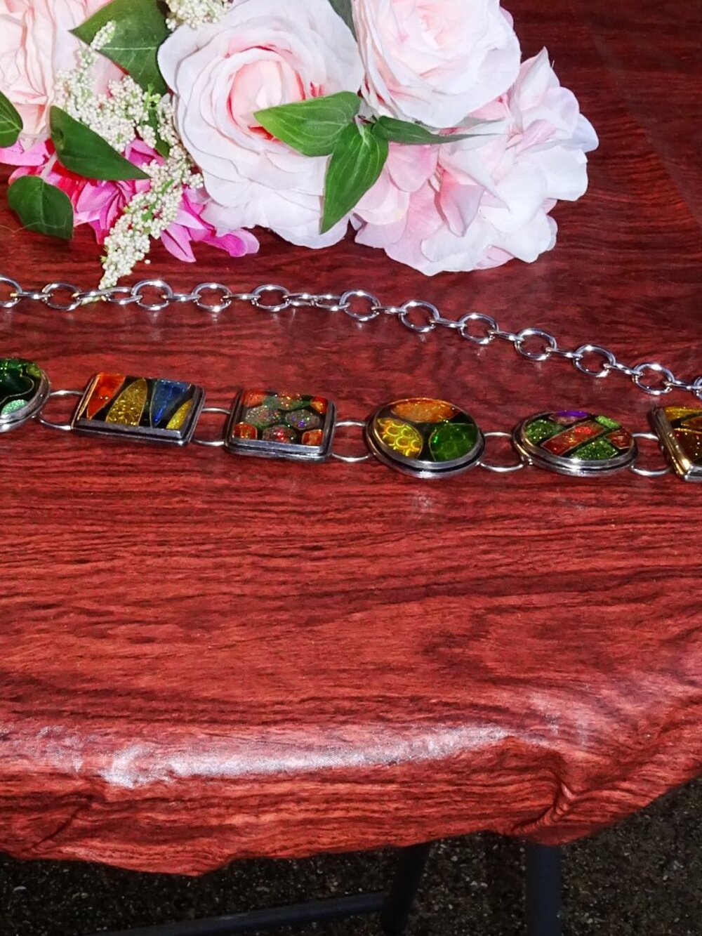 Chico's Silver and Exquisite Glass Panels Metal Chain Belt